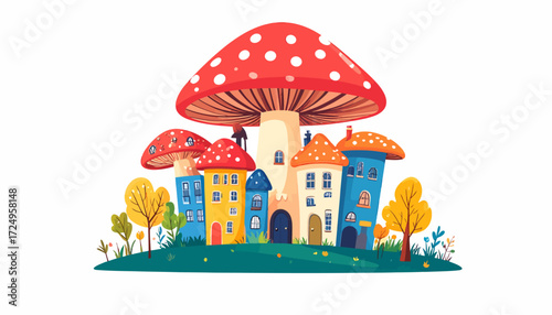 Tiny whimsical city built on top of a giant mushroom cap