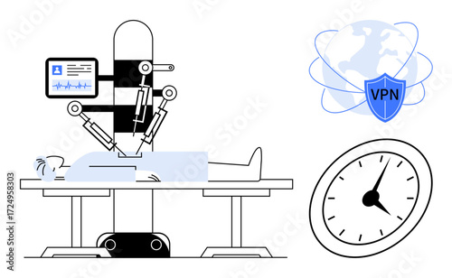 Monitor displays patient data while robotic arm performs surgery on patient. Clock conveys time precision VPN shield icon symbolizes digital security. Ideal for health, tech, security, AI