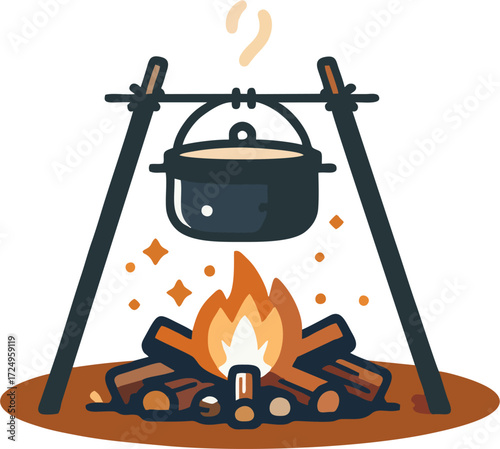 Minimalist Campfire Cooking Pot Vector – Cozy Cartoon Outdoor Boiling Pot Over Fire