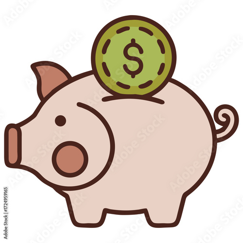 Cute piggy bank with a dollar coin being deposited for savings