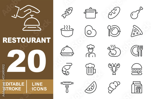 Restaurant set of web icons in line style. Hand, bell, fish, pot, bread, chicken, bowl, egg, spoon, pizza, dish, chef, roast, cutlery, shrimp, beer, lobster, burger, sausage. Editable stroke icons 