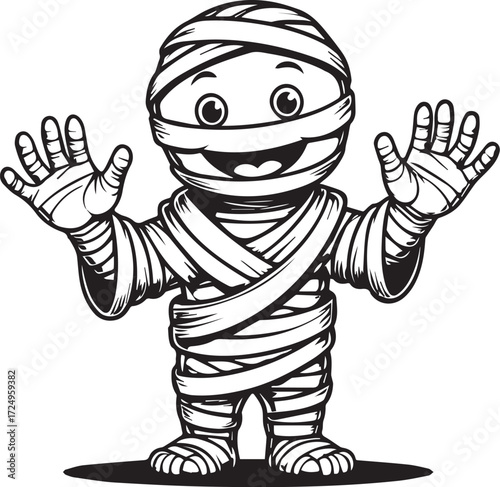 Smiling Mummy Character: A whimsical monochrome illustration of a friendly mummy character, wrapped in bandages and radiating playful charm, perfect for Halloween or spooky-themed designs.