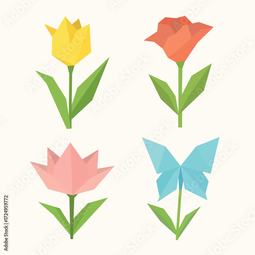 Charming geometric flowers and  offer a modern, minimalist spring vibe for your next creative project, perfect for cards and invitations.Origami concept for kids
