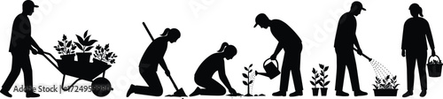 Black silhouette vector illustration of people gardening with tools, planting, watering, harvesting, wheelbarrow, hose, basket, outdoor farming activities
