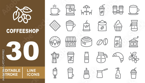 Coffeeshop set of web icons in line style. Branch, Coffee, Machine, Table, Drink, Cups, Cup, Cracker, Latte, Cake, Bag, Cupcake, Chemex, Donut, Store, Roll, Beans, Pack. Editable stroke icons