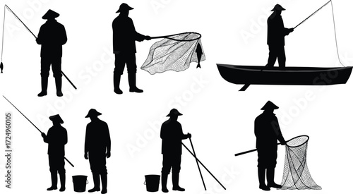 Silhouette of fishermen with fishing rods nets and boat, catching fish outdoor sport hobby lifestyle vector illustration for design projects
