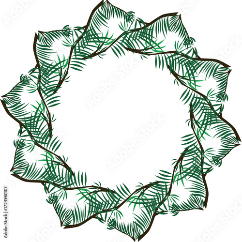 Christmas wreath frame made of coniferous twigs. A frame of fir branches on a white background vector drawing of a Christmas decoration.