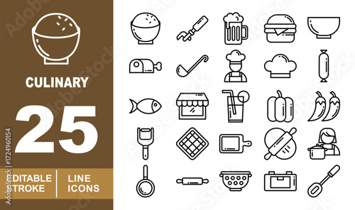 Culinary set of web icons in line style. Bowl, Opener, Beer, Burger, Chicken, Ladle, Chef, Hat, Sausage, Fish, Store, Drink, Pepper, Chili, Peeler and more. Editable stroke icons collection.