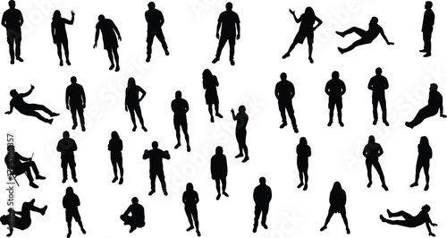 Silhouette people standing sitting casual poses, men women relaxed body positions, everyday lifestyle, modern character illustration, vector human posture set