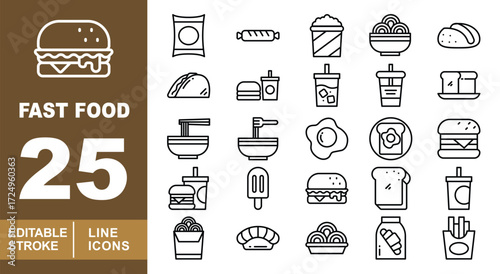 Fast Food set of web icons in line style. Burger, Pack, Sausage, Popcorn, Noodles, Bread, Taco, Burger, Drink, Drink, Bread, Bowl, Bowl, Egg, Toast, Burger, Icecream. Editable stroke icons collection.