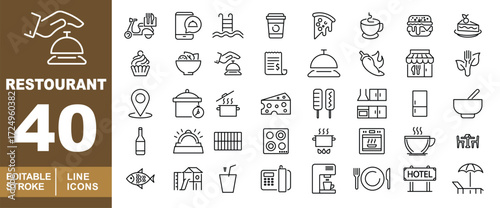 Restaurant set of web icons in line style. Hand, bell, scooter, phone, pool, cup, pizza, coffee, burger, cake, cupcake, bowl, bell, receipt, chili, shop, fork, location, pot. Editable stroke icons