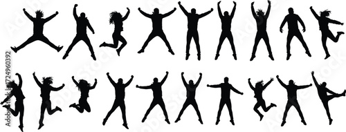 Silhouette people jumping in different dynamic poses expressing happiness, celebration, freedom, energy, movement, dance, excitement, joy, lifestyle vector illustration