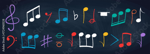 Crayon pastel or chalk music note signs doodle hand drawn symbol shapes set. Chalkboard textured musical symbols treble, bass clefs, pauses doodle collection.