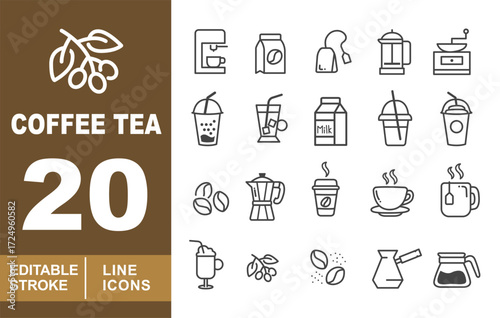 Coffee Tea set of web icons in line style. Branch, Machine, Pack, Tea, Frenchpress, Grinder, Drink, Drink, Milk, Drink, Cup, Beans, Moka, Cup, Cup, Mug, Branch, Beans, Cezve. Editable stroke icons