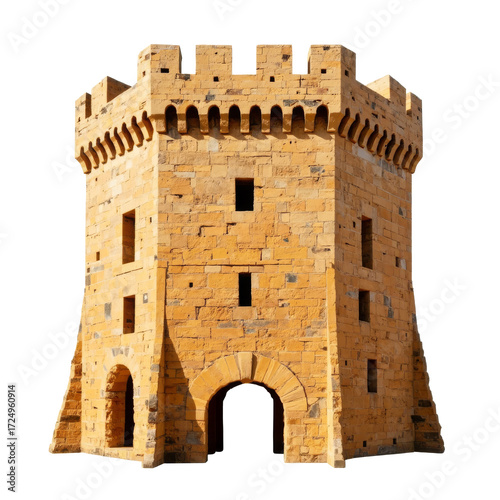 Golden Medieval Castle Tower
A striking, high-detail cutout of a freestanding medieval tower constructed from warm, golden-yellow stone or brick. The structure is characterized by its square, robust f