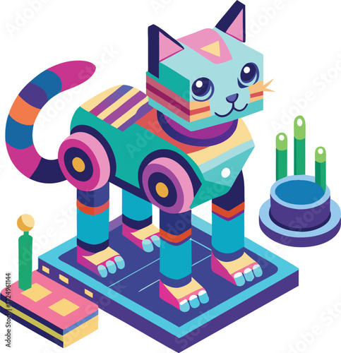 Modern robotic cat feeder station with interactive features and remote control vector