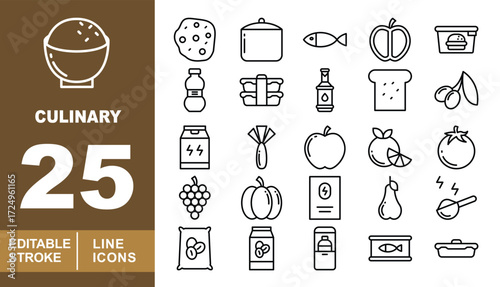 Culinary set of web icons in line style. Bowl, Cookie, Pot, Fish, Apple, Container, Bottle, Sushi, Sauce, Bread, Olives, Milk, Leek, Apple, Orange, Tomato, Grapes, Pumpkin. Editable stroke icons