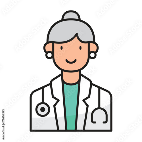 Stylized illustration of a doctor with gray hair and a stethoscope