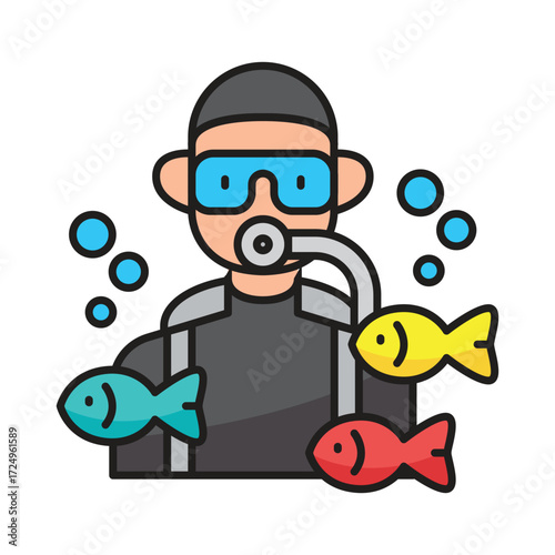 Stylized illustration of a diver surrounded by fish and bubbles