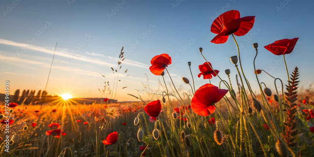 Fototapeta premium Poppy Field with Sun Rays