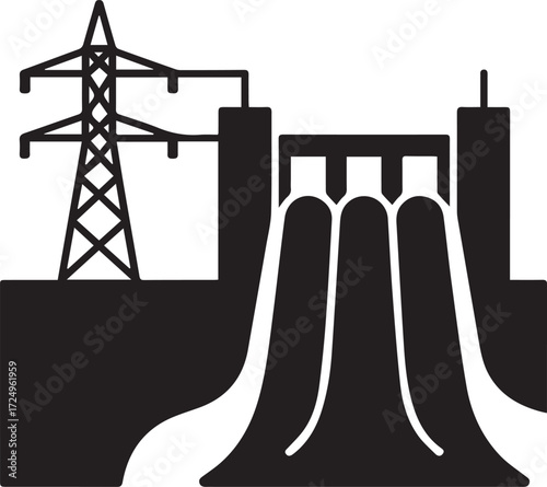 Hydroelectric power dam generating electricity with transmission tower and water flow