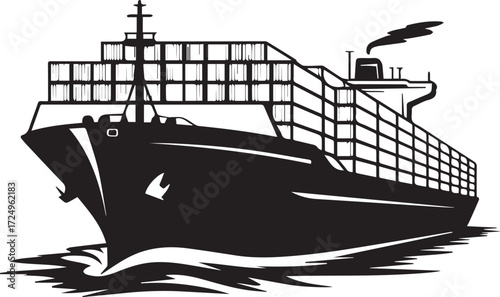 Large cargo ship silhouette navigating ocean waves with shipping containers stacked high