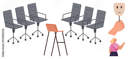 Office chairs arranged in a group with a distinct orange high chair, hand holding a cheerful mask, and a person gesturing. Ideal for leadership, individuality, teamwork, decision-making, identity