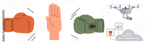 Red and green boxing gloves stopped by a hand, alongside a drone with icons representing technology integration. Ideal for conflict resolution, technology, balance, cooperation, innovation, teamwork