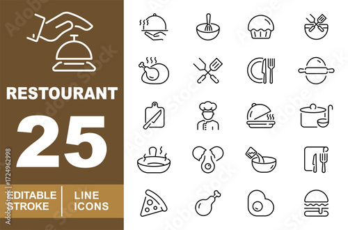 Restaurant set of web icons in line style. Bell, Dish, Bowl, Muffin, Whisk, Chicken, Utensils, Plate, Rollingpin, Cuttingboard, Chef, Dish, Pot, Bowl, Egg, Bowl, Menu, Pizza. Editable stroke icons