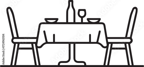 Simple outline of a romantic dinner setting for two with tableware and wine