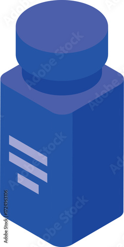 Closed blue medicine bottle with generic label presenting in isometric projection over white background