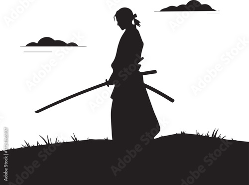 Silhouetted samurai warrior standing poised with katana swords in a grassy field under clouds
