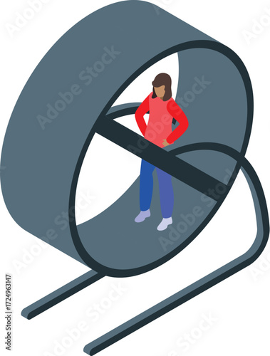 Businesswoman standing in a hamster wheel, refusing to run, stopping the rat race and choosing a different path