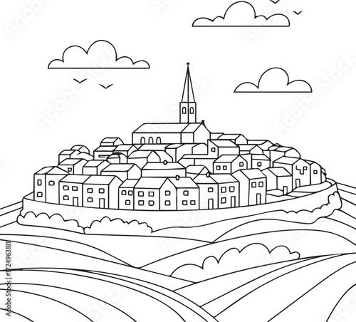 Charming hilltop village with church steeple and rolling fields under a cloudy sky graphic
