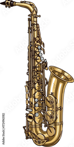 Create gold saxophone isolated Musical Instruments Wind Instruments event isolated hand-drawn illustration on white background.