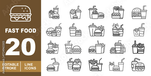 Fast Food set of web icons in line style. Burger, Fries, Drink, Burger, Drink, Fries, Drink, Burger, Drink, Fries, Drink, Burger, Drink, Burger, Drink, Fries, Drink, Burger. Editable stroke icons