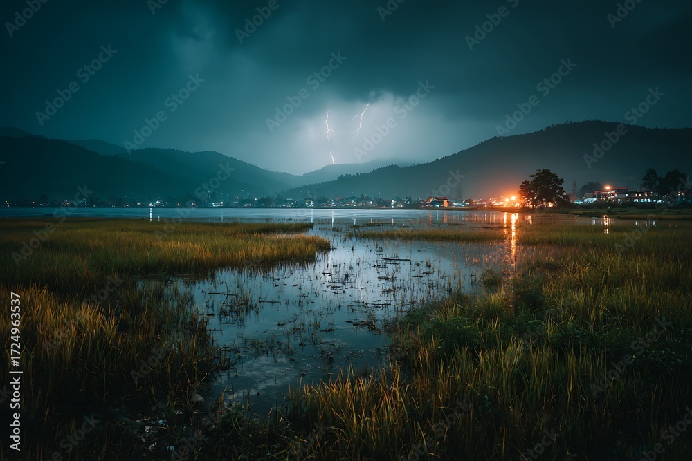 Obraz premium Dramatic Lightning Over Tranquil Lake at Dusk with Reflections of Distant Village Lights
