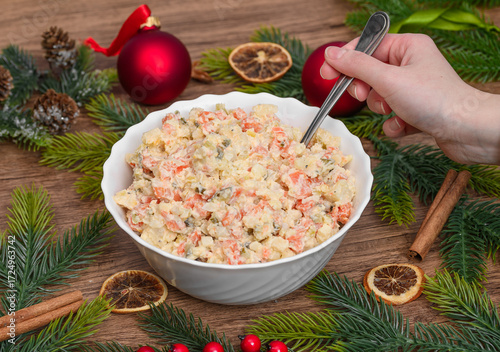 Konstfotografi Christmas Eve vegetable salad with boiled potatoes, carrots, parsley, apple and