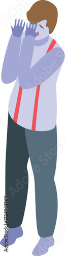 Mime artist is covering face with hands, expressing sadness and disappointment