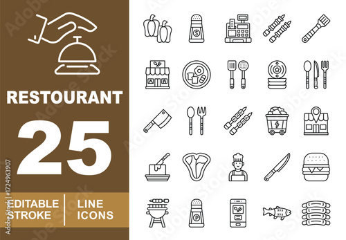 Restaurant set of web icons in line style. Hand, bell, peppers, salt, cash, skewers, brush, shop, plate, spatula, cutlery, cleaver, spoon, barbecue, cart, location. Editable stroke icons collection.