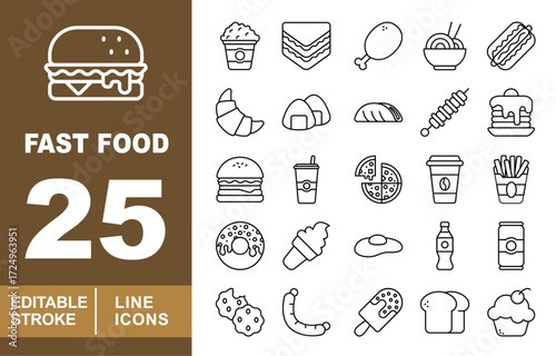 Fast Food set of web icons in line style. Burger, Popcorn, Sandwich, Chicken, Noodles, Hotdog, Croissant, Onigiri, Bread, Skewer, Pancakes, Burger, Drink, Pizza, Cup, Fries. Editable stroke icons