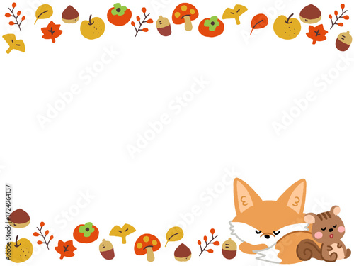 秋の紅葉とキツネとリスのシンプルフレームイラスト