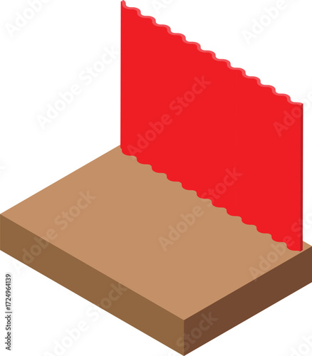 Red curtain partially covering wooden stage creating anticipation for a performance, in isometric view