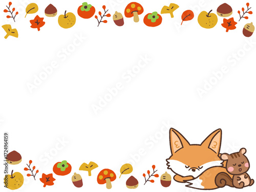 秋の紅葉とキツネとリスのシンプルフレームイラスト