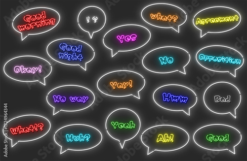 Colorful Neon Speech Bubble Set with English Dialogue