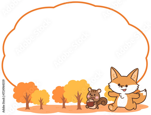 秋の紅葉とキツネとリスのフレームイラスト