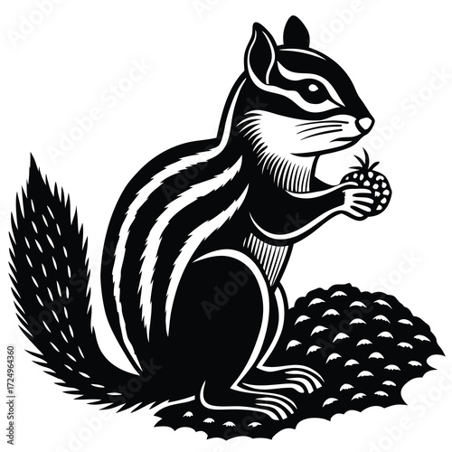 Low poly American chipmunk holding seeds in forest ground