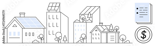 Residential and commercial buildings with solar panels and green roofs, trees, coin and documents. Ideal for renewable energy, sustainability, eco-living, green building, finances, clean technology