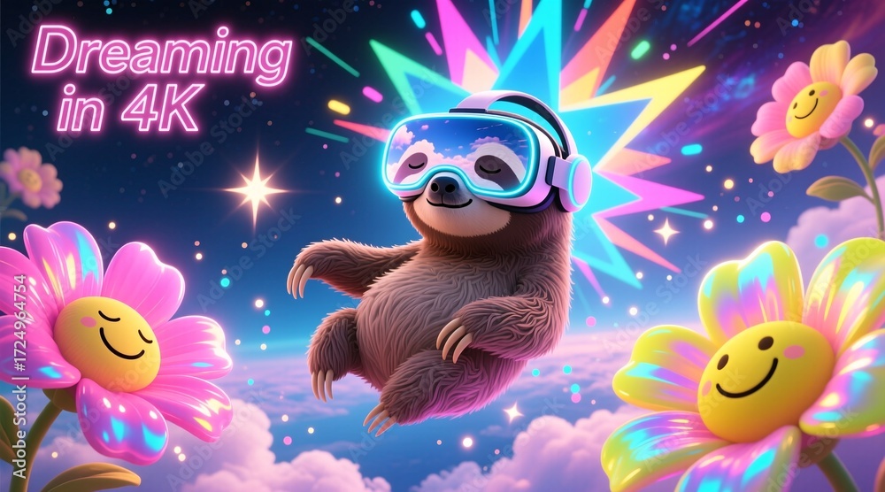 Obraz premium A sleepy sloth wearing VR goggles floats through a dreamy, starry sky filled with smiling, rainbow-colored flowers. The text
