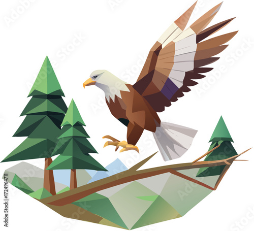 Low poly eagle landing on a tree branch in forest